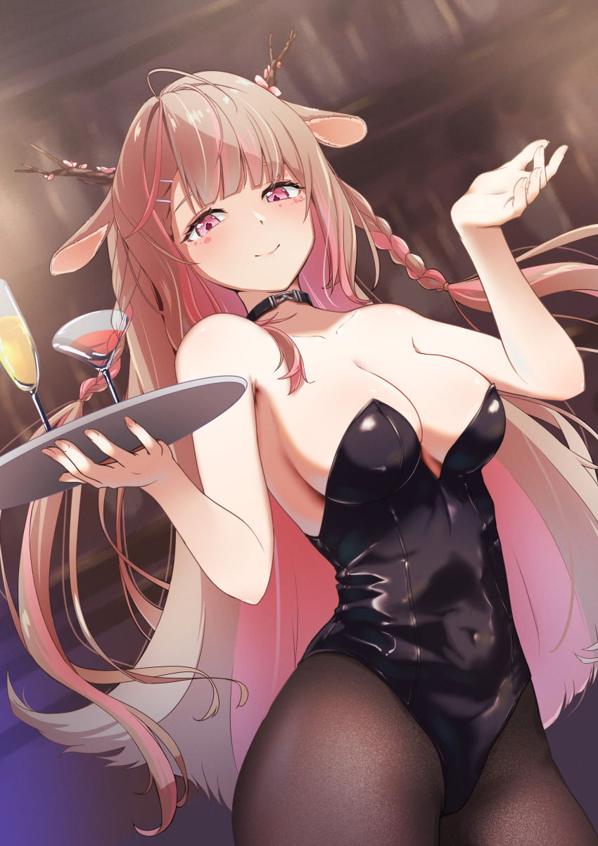 1girl, absurdres, ahoge, alcohol, animal_ears, backless_leotard, bare_shoulders, black_choker