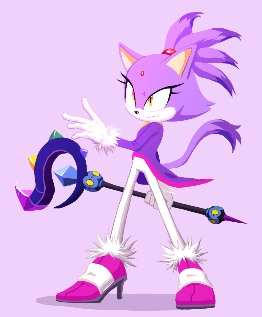 1girl, animal_ears, blaze_the_cat, boots, cat_ears, cat_girl, cat_tail, forehead_jewel, fur-trimmed_footwear, fur-trimmed_gloves, fur_trim, furry, furry_female, gloves, high_heels, highres, jacket, jeweled_scepter, pants, pink_boots, purple_background, purple_jacket, siggiedraws, simple_background, sonic_(series), tail, white_gloves, white_pants, yellow_eyes