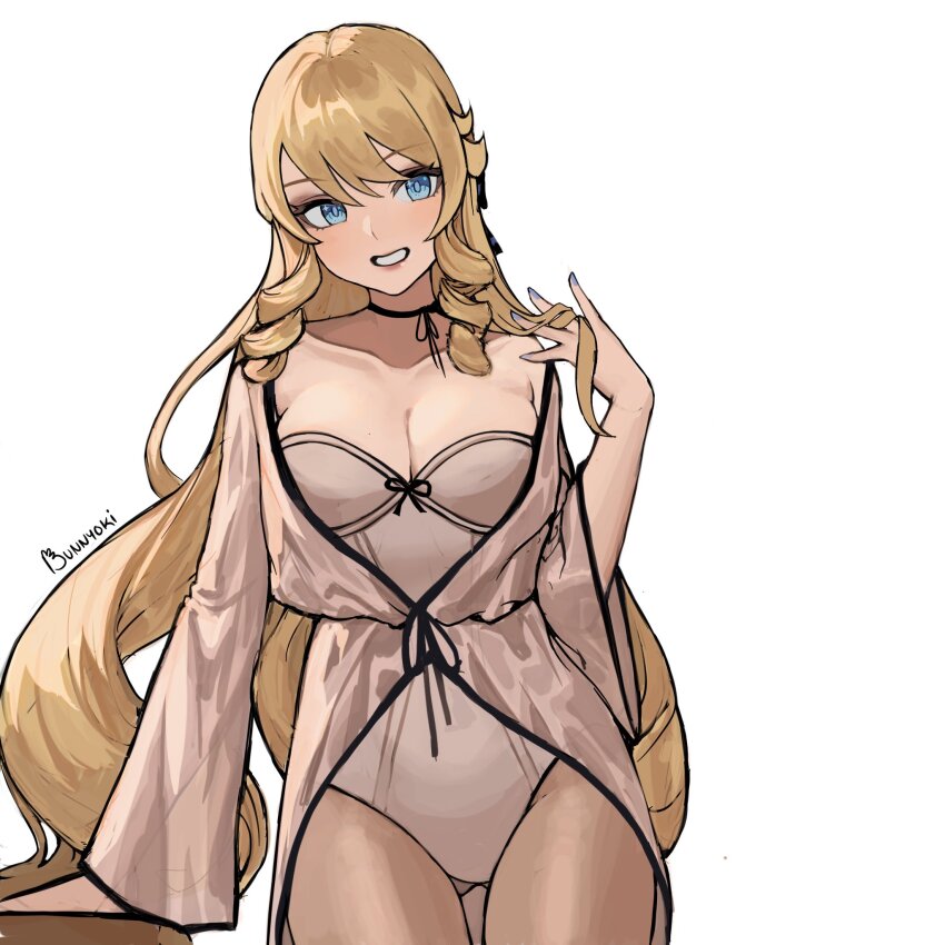 1girl, alternate_costume, bare_shoulders, black_choker, blonde_hair, blue_eyes, breasts, bunnyoki