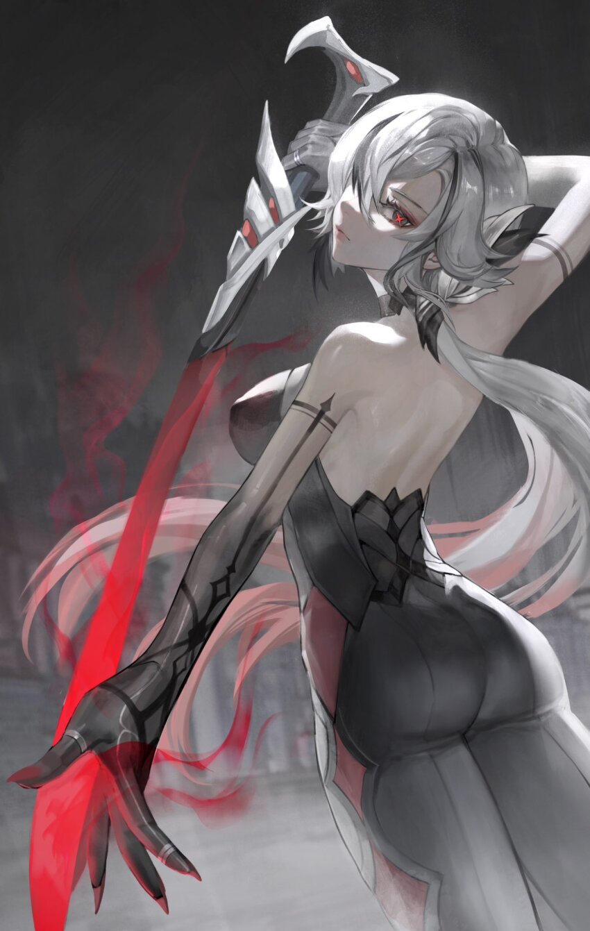 1girl, arlecchino_(genshin_impact), ass, back, backless_outfit, black_eyes, black_hair, colored_extremities, do_myzu, genshin_impact, grey_hair, hair_between_eyes, highres, holding, holding_weapon, long_hair, looking_at_viewer, multicolored_hair, red_hair, red_pupils, solo, streaked_hair, symbol-shaped_pupils, weapon, white_hair, x-shaped_pupils