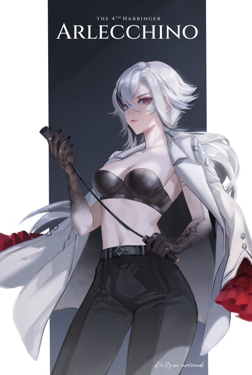 1girl, arlecchino_(genshin_impact), black_eyes, black_hair, bra, breasts, colored_extremities, do_myzu