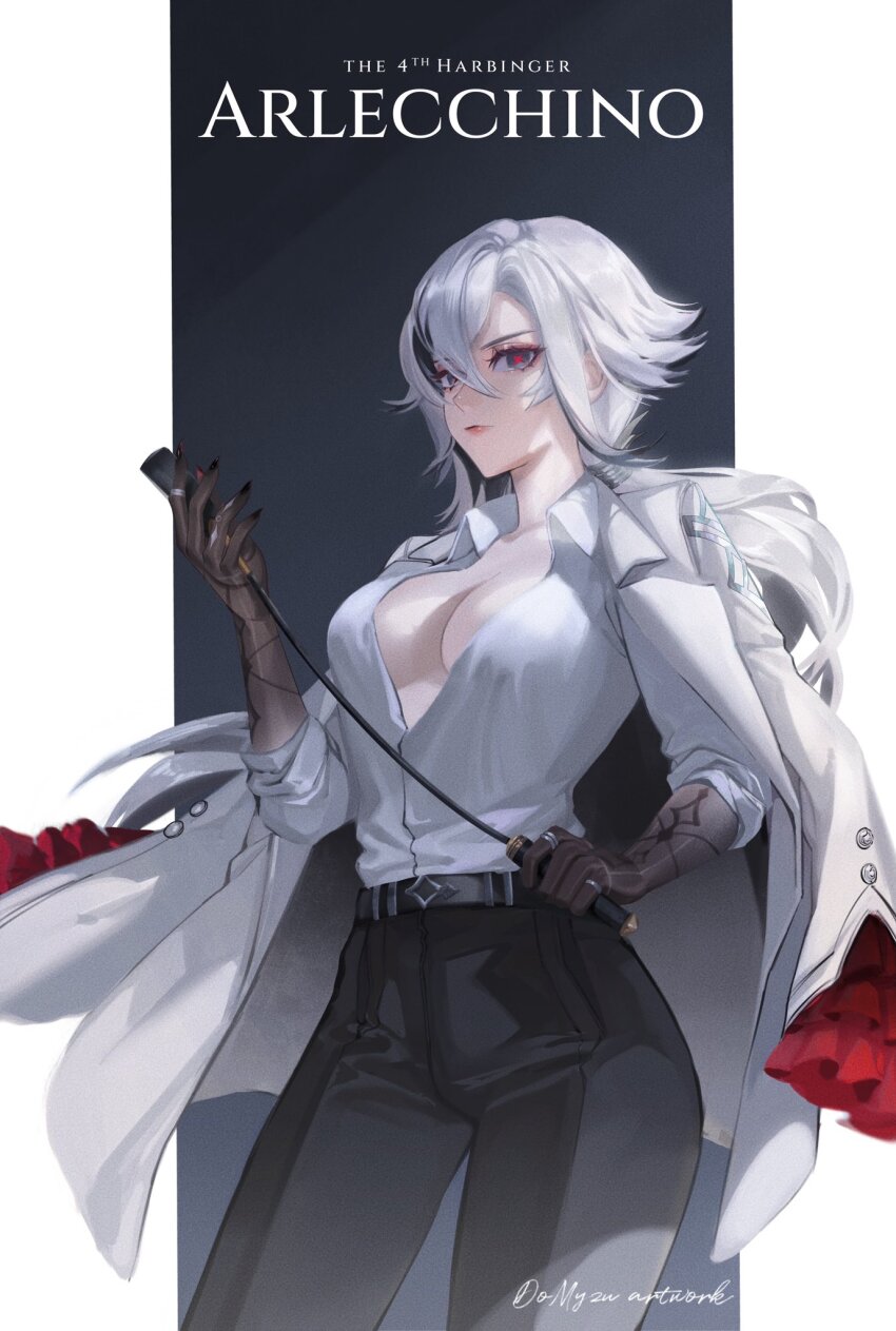 1girl, arlecchino_(genshin_impact), black_eyes, black_hair, breasts, cleavage, colored_extremities, do_myzu, genshin_impact, grey_hair, hair_between_eyes, highres, holding, holding_riding_crop, long_hair, long_sleeves, looking_at_viewer, medium_breasts, multicolored_hair, red_hair, red_pupils, riding_crop, shirt, solo, streaked_hair, symbol-shaped_pupils, white_hair, x-shaped_pupils