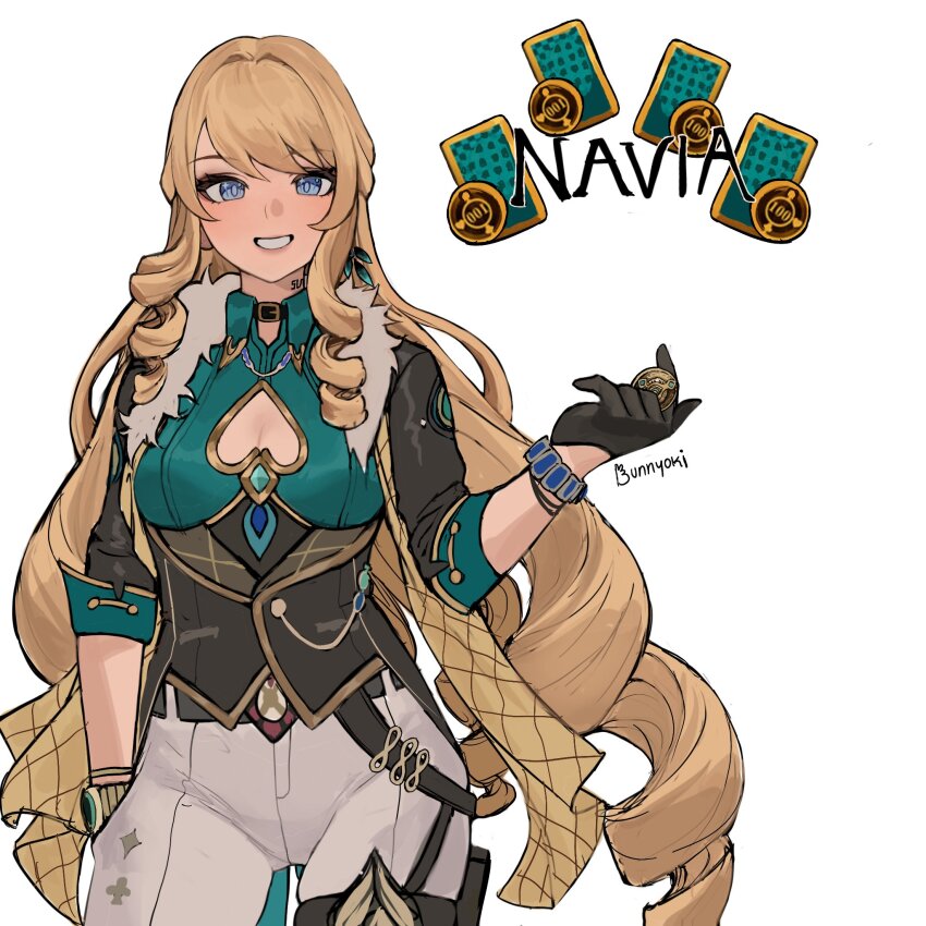 1girl, aqua_shirt, aventurine_(honkai:_star_rail), aventurine_(honkai:_star_rail)_(cosplay), black_gloves, blonde_hair, blue_eyes, bunnyoki, character_name, cleavage_cutout, clothing_cutout, commentary, cosplay, cowboy_shot, drill_hair, drill_sidelocks, gloves, grin, highres, holding, honkai:_star_rail, honkai_(series), long_sleeves, looking_at_viewer, navia_(genshin_impact), pants, shirt, sidelocks, simple_background, smile, solo, standing, white_background, white_pants