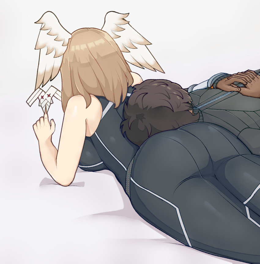 1boy, 1girl, ass, black_hair, blonde_hair, breasts, couple, dark_skin, djames, eunie_(xenoblade), from_behind, head_wings, hetero, highres, hood, hood_down, huge_ass, large_breasts, lying, mondo_(xenoblade_3), on_back, on_stomach, pants, shiny_clothes, skin_tight, taion_(xenoblade), tight_clothes, tight_pants, wings, xenoblade_chronicles_(series), xenoblade_chronicles_3