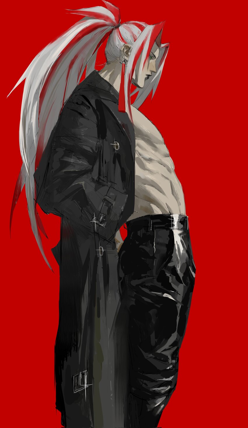 1boy, absurdres, arms_behind_back, black_coat, black_lips, black_pants, coat, cowboy_shot