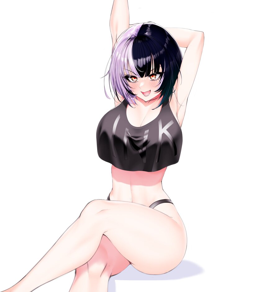 1girl, absurdres, armpits, arms_behind_head, arms_up, black_hair, black_panties, black_shirt