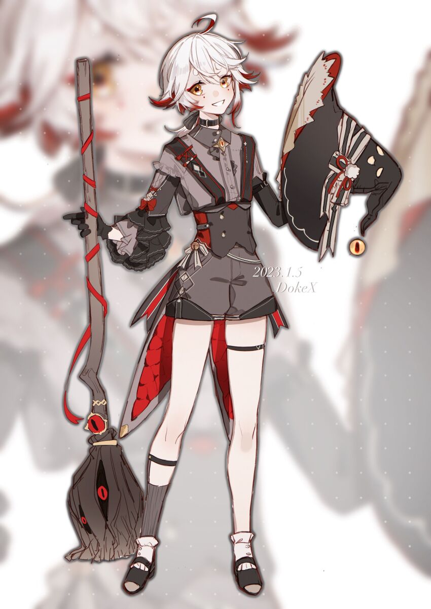 1girl, absurdres, ahoge, bell, black_choker, black_footwear, black_hat, brooch