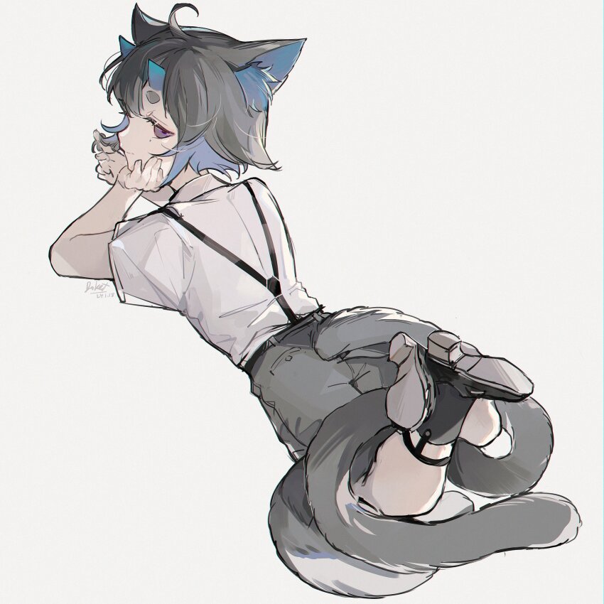 1boy, animal_ear_fluff, animal_ears, ankle_boots, artist_name, black_boots, black_hair, blue_hair