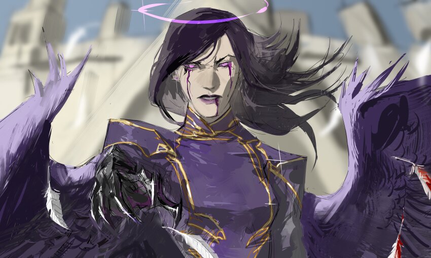 1girl, absurdres, alternate_costume, angel_wings, blood, blood_from_mouth, bloody_tears, bright_pupils