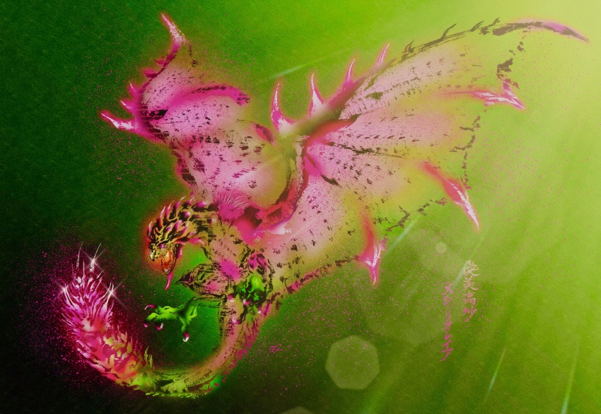 absurdres, anjanath_(monster_hunter), apex_rathian, calligraphy, chin_spike, claws, deadpool_yuchan, dragon, flying, full_body, glowing, glowing_eyes, glowing_mouth, glowing_tail, gradient_background, gradient_skin, green_background, green_scales, highres, light, monster, monster_focus, monster_hunter_(series), monster_hunter_rise, open_mouth, pink_eyes, pink_scales, poison, rathian, scales, sharp_teeth, signature, solo, spiked_tail, spiked_wings, spikes, spread_wings, tail, teeth, wings, wyvern