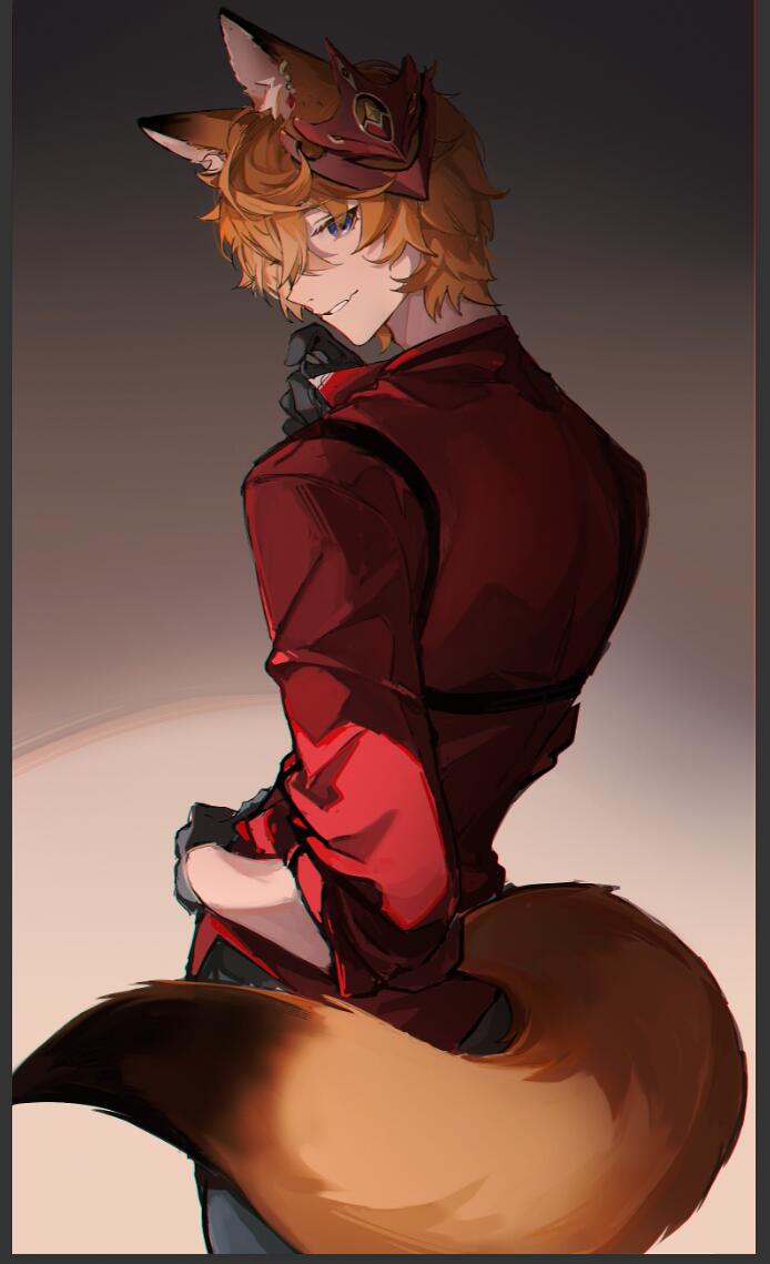 1boy, animal_ear_fluff, animal_ears, black_gloves, black_pants, blue_eyes, collared_shirt, dokex_xx