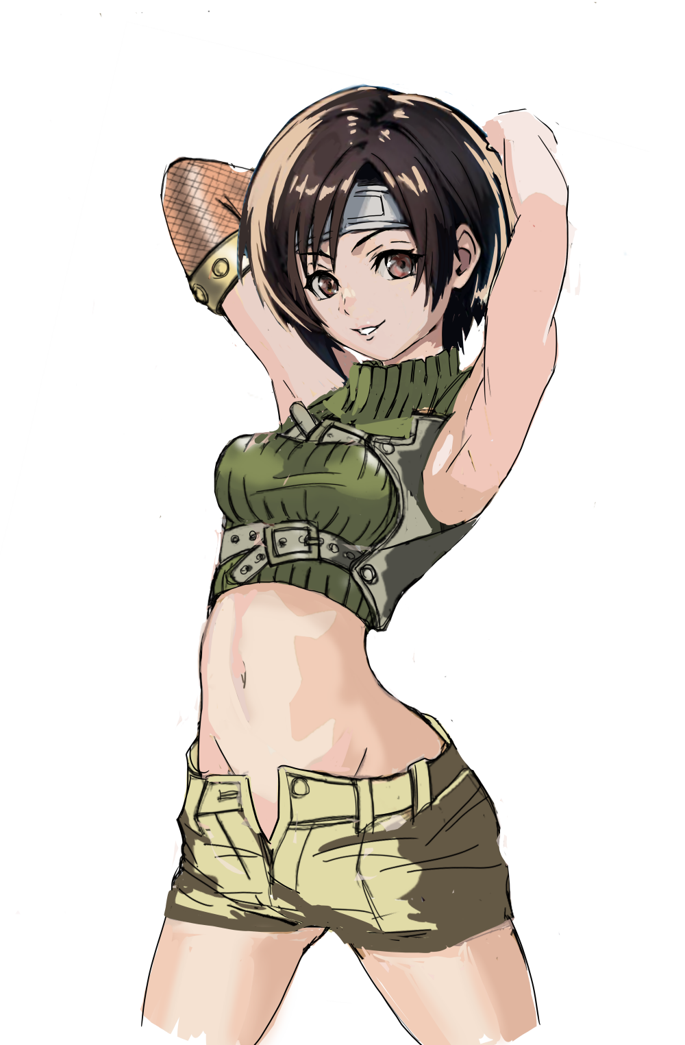 1girl, armpits, arms_behind_head, arms_up, bare_shoulders, breasts, brown_eyes, brown_hair, brown_shorts, chest_harness, commentary, cowboy_shot, crop_top, cropped_legs, cropped_sweater, elbow_gloves, final_fantasy, final_fantasy_vii, fishnet_gloves, fishnets, forehead_protector, gloves, green_sweater, groin, harness, highres, huo_ji_wu, looking_at_viewer, medium_breasts, midriff, navel, open_fly, parted_lips, ribbed_sweater, short_hair, short_shorts, shorts, simple_background, sleeveless, sleeveless_turtleneck, smile, solo, spread_legs, standing, sweater, turtleneck, white_background, yuffie_kisaragi