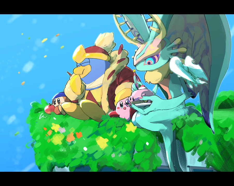 animal_ears, antlers, apple, bandana, bandana_waddle_dee, bel_(doting123), blue_bandana, blue_sky