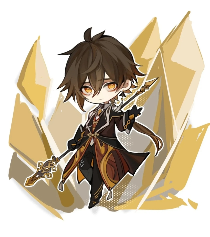 1boy, chibi, fei29787, genshin_impact, geokinesis, highres, holding, looking_at_viewer, solo, white_background, zhongli_(genshin_impact)