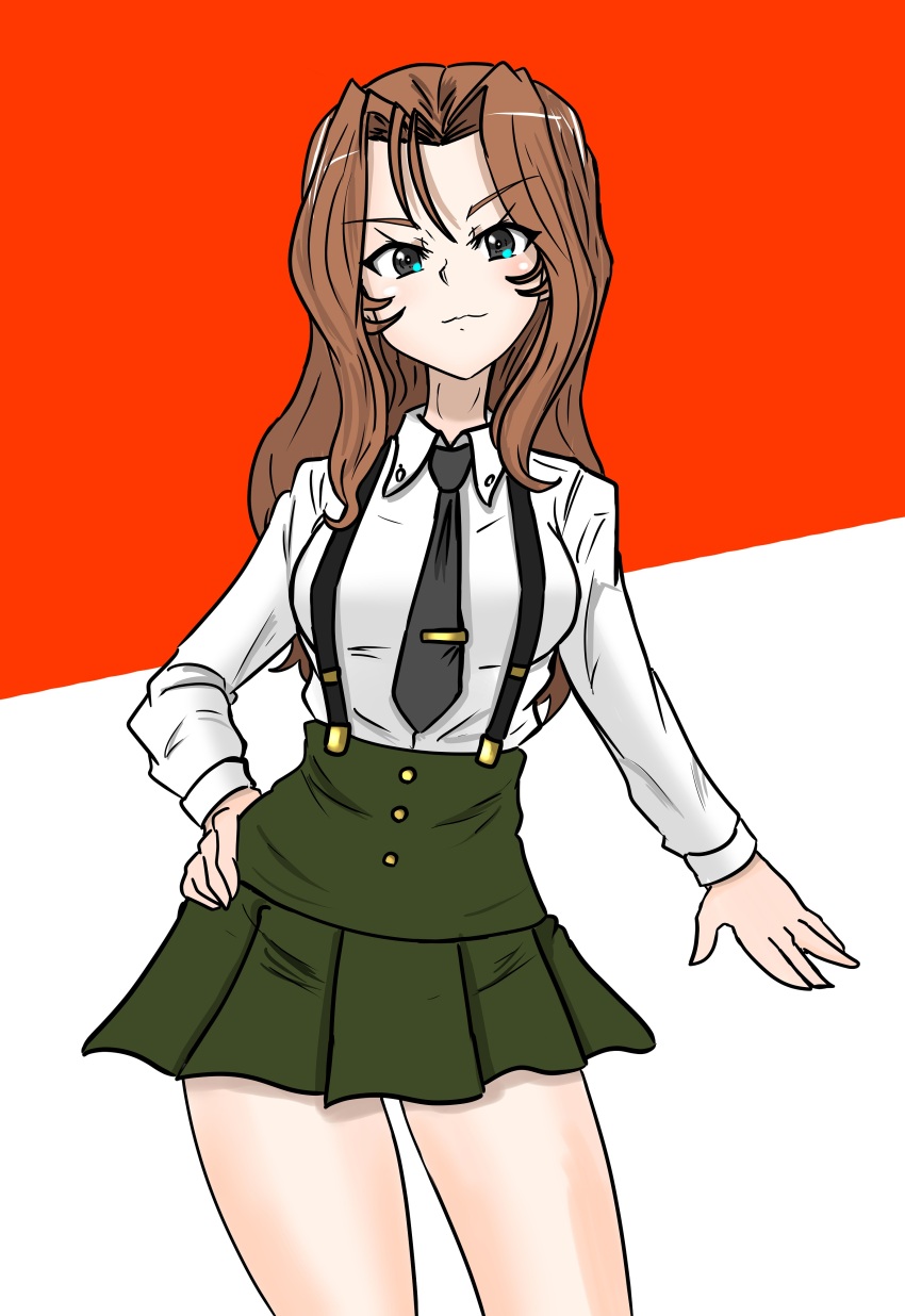 1girl, absurdres, black_necktie, blue_eyes, bonple_military_uniform, brown_hair, closed_mouth, commentary