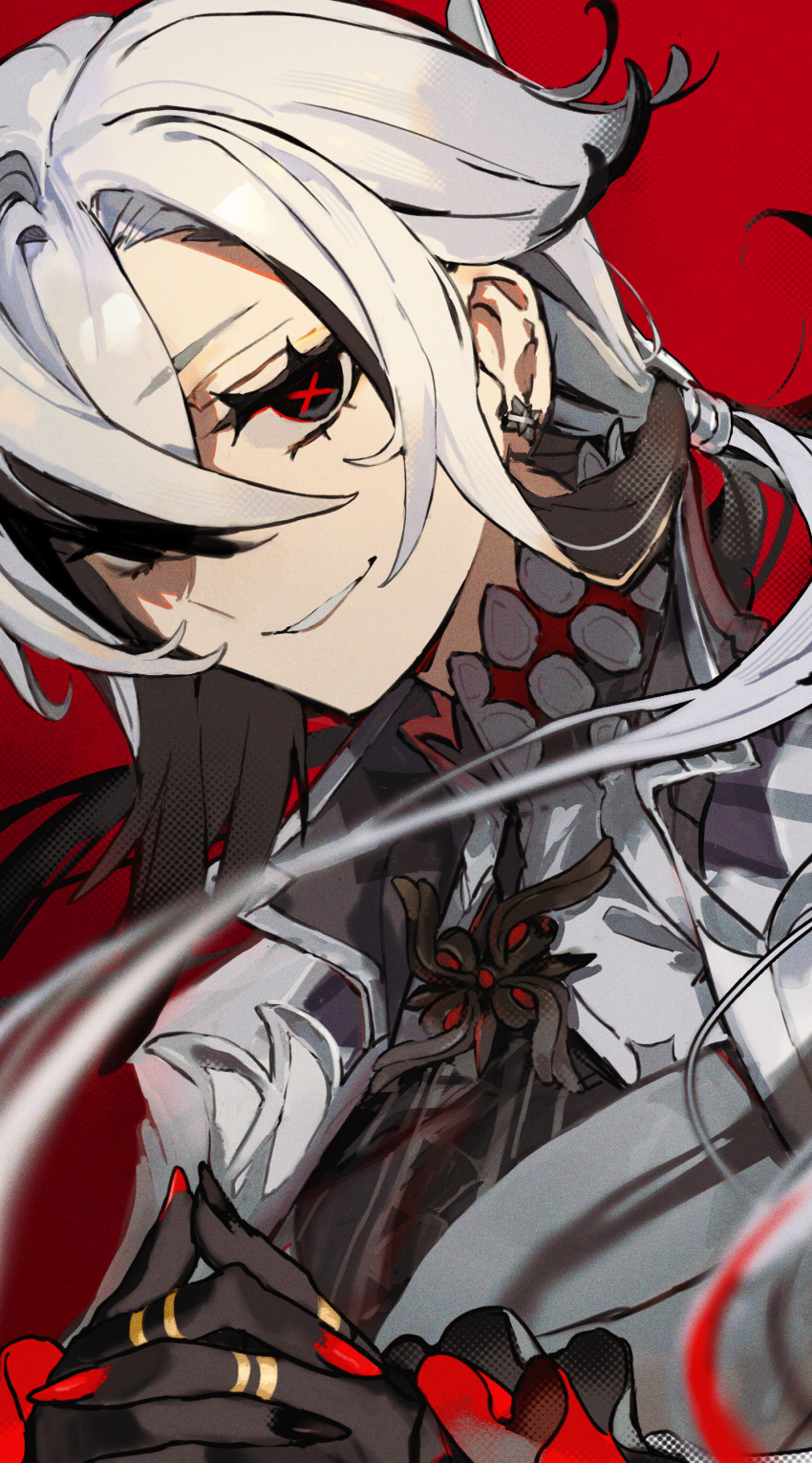 1girl, absurdres, arlecchino_(genshin_impact), black_eyes, black_hair, black_shirt, coat, commentary_request