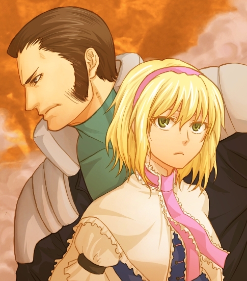 >:(, 1boy, 1girl, alice_margatroid, blonde_hair, blue_dress, brown_hair, capelet, closed_mouth, crossover, dress, expressionless, frown, kan_(artist), kan_(hasetani), looking_at_viewer, m.u.g.e.n, maxima, profile, short_hair, snk, the_king_of_fighters, touhou, upper_body, v-shaped_eyebrows, yellow_eyes