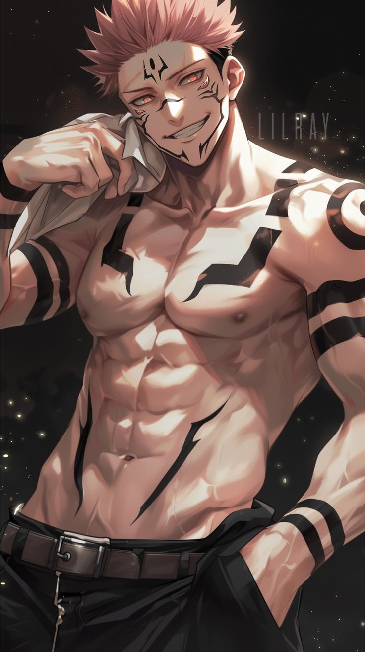 1boy, bara, black_tank_top, closed_mouth, extra_eyes, facial_mark, highres, jujutsu_kaisen