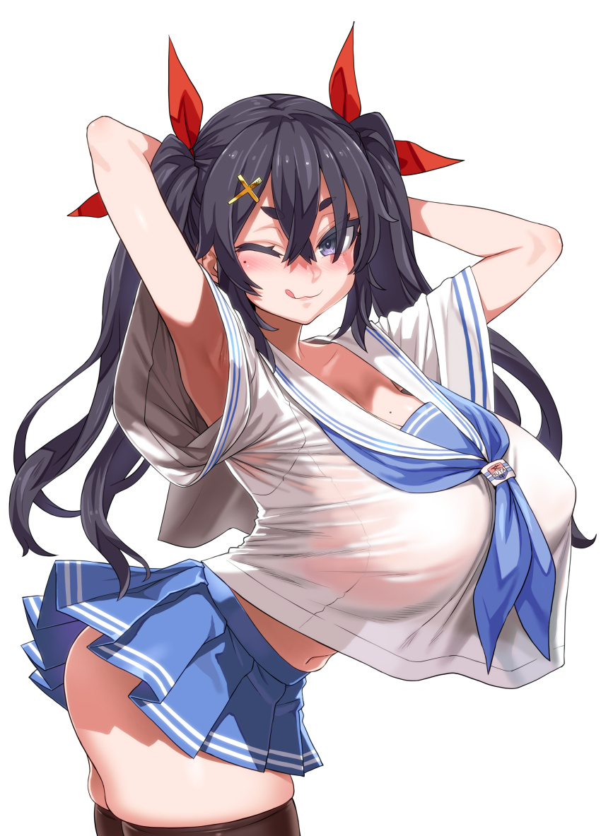 1girl, absurdres, arched_back, armpits, arms_behind_head, arms_up, asanagi, black_eyes, black_hair, black_thighhighs, bow, breasts, commentary_request, cross_hair_ornament, crossed_bangs, hair_between_eyes, hair_bow, hair_ornament, hairclip, highres, huge_breasts, licking_lips, loli, long_bangs, long_hair, mesugaki, microskirt, midriff, miniskirt, mole, mole_on_breast, mole_under_eye, navel, neckerchief, ngue_out, official_art, one_eye_closed, oppai_loli, pleated_skirt, purple_eyes, school_uniform, see-through_clothes, serafuku, shirt_overhang, short_sleeves, simple_background, skirt, smile, solo, sopra_amane, tama_project, thighhighs, tongue, tongue_out, twintails, very_long_hair, virtual_youtuber, white_background, zettai_ryouiki