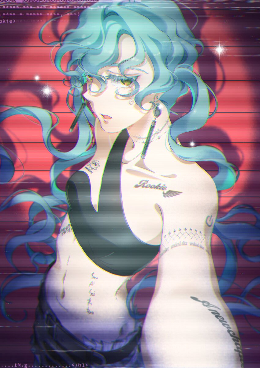 1girl, absurdres, aqua_hair, arm_tattoo, bare_shoulders, belt, breasts, colored_eyelashes