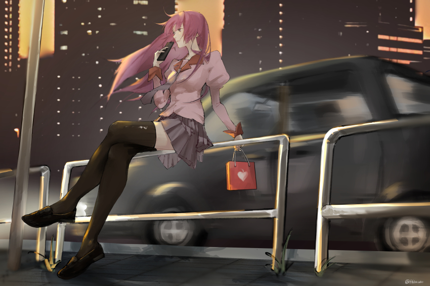 1girl, absurdres, artist_name, bag, bakemonogatari, black_shoes, black_thighhighs, blue_eyes