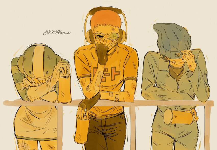 1girl, 2boys, bandages, bandaid, bandaid_on_arm, beat_(jsr), black_hair, blonde_hair