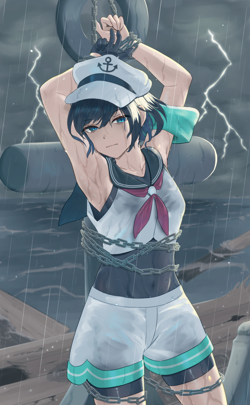 1girl, adapted_costume, anchor, armpits, arms_up, bags_under_eyes, black_hair, blue_eyes