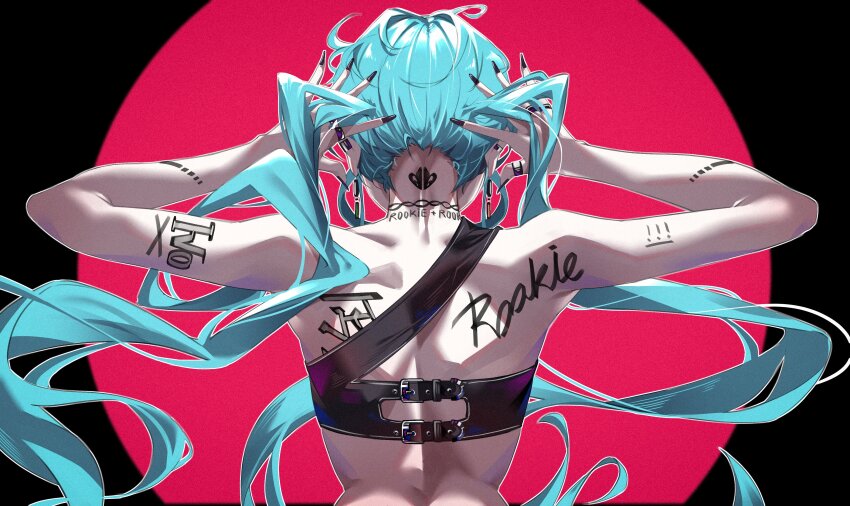 1girl, absurdres, aqua_hair, arm_tattoo, back, back_tattoo, earrings, from_behind, hatsune_miku, highres, il_hyang, jewelry, long_hair, neck_tattoo, ring, rookie_(vocaloid), solo, tattoo, twintails, upper_body, very_long_hair, vocaloid