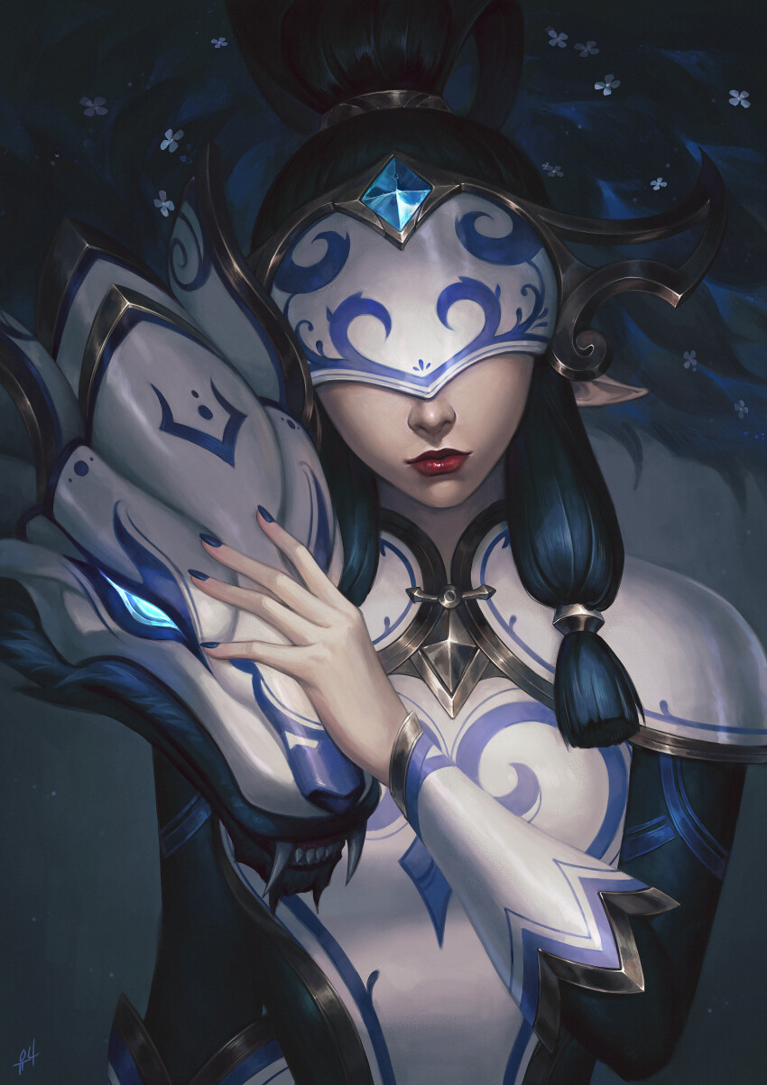 1girl, 1other, absurdres, armor, black_hair, blue_nails, covered_eyes, dark_background, eye_mask, fangs, glowing, glowing_eyes, hand_on_another's_head, high_ponytail, highres, kgynh, kindred_(league_of_legends), lamb_(league_of_legends), league_of_legends, long_hair, long_sleeves, mask, monster, pointy_ears, ponytail, porcelain_kindred, red_lips, shoulder_armor, upper_body, wolf_(league_of_legends)