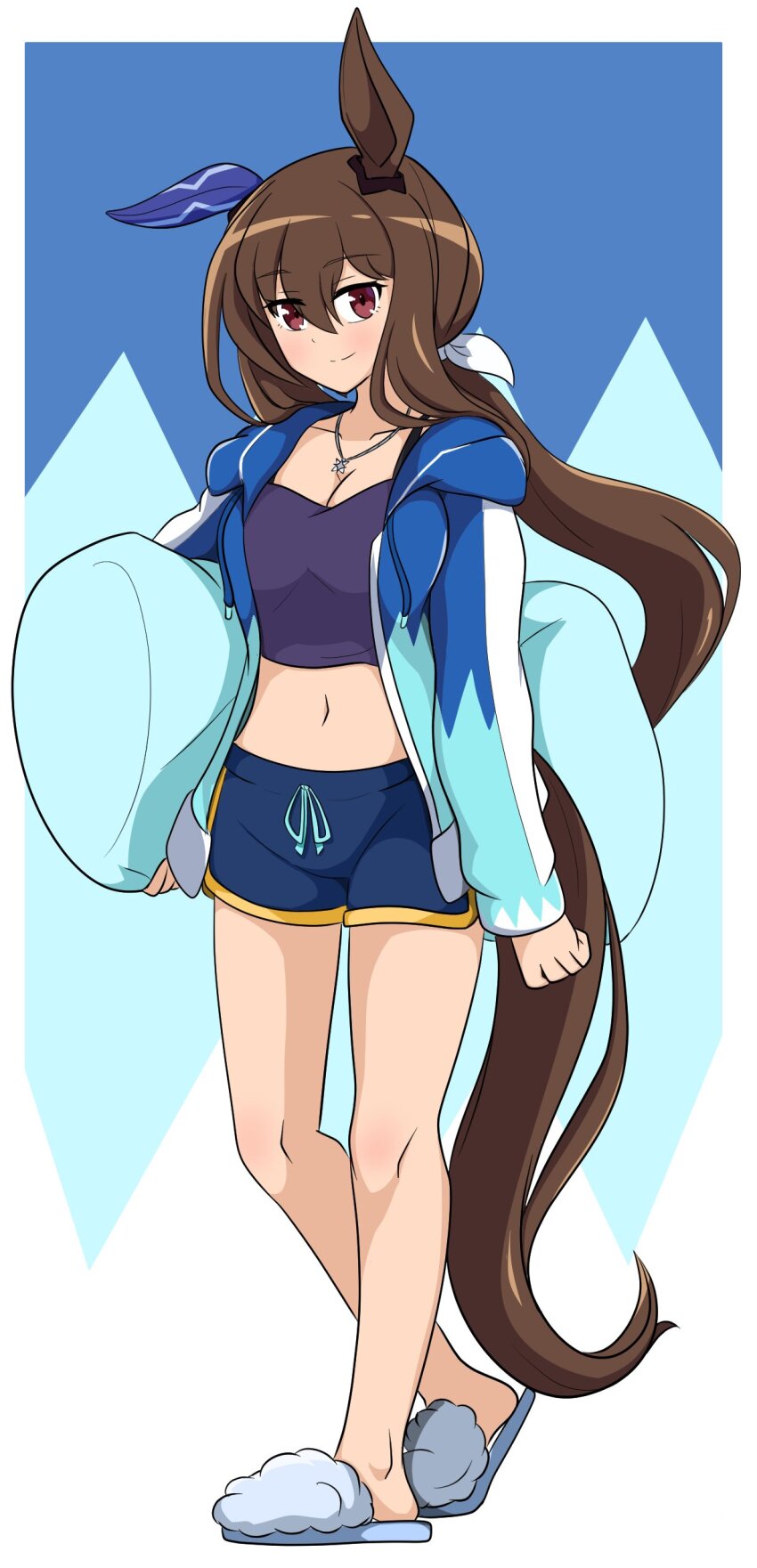 1girl, absurdres, admire_vega_(umamusume), alternate_costume, animal_ears, breasts, brown_hair, closed_mouth, collarbone, commentary, dolphin_shorts, english_commentary, full_body, hair_between_eyes, hair_ornament, highres, horse_ears, horse_tail, jacket, jewelry, kazuuug, long_hair, looking_at_viewer, medium_breasts, necklace, pillow, ponytail, red_eyes, shorts, simple_background, smile, solo, tail, umamusume
