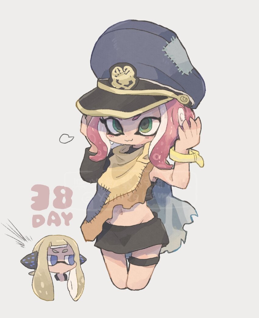 2girls, :3, agent_3_(splatoon), agent_3_(splatoon)_(cosplay), agent_8_(splatoon), black_skirt, blonde_hair, blue_eyes, captain_3_(splatoon), closed_mouth, commentary, cosplay, cropped_legs, date_pun, eyelashes, green_eyes, grey_background, hat, headphones, highres, inkling, inkling_girl, inkling_player_character, long_hair, medium_hair, multiple_girls, navel, nintendo, number_pun, octoling, octoling_girl, octoling_player_character, peaked_cap, red_hair, simple_background, skirt, smile, splatoon_(series), standing, tentacle_hair, thick_eyebrows, yuritokemo