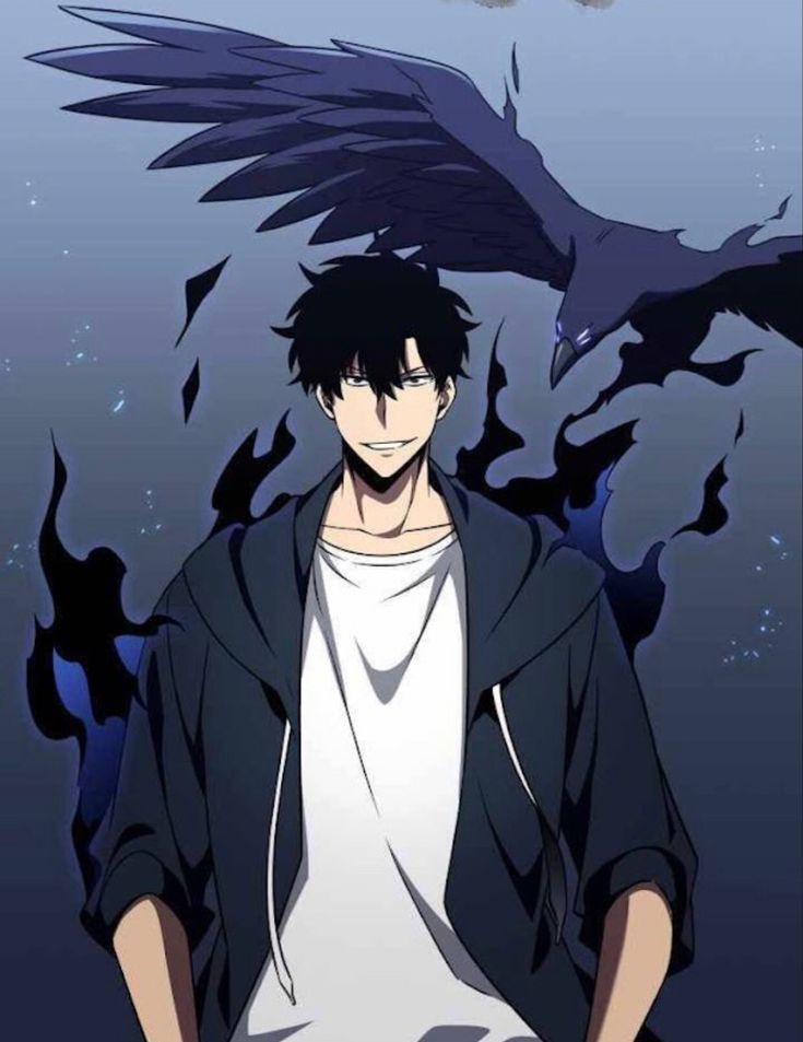 1boy, aura, bird, black_eyes, black_hair, black_jacket, crow, crow_(tomb_raider_king)