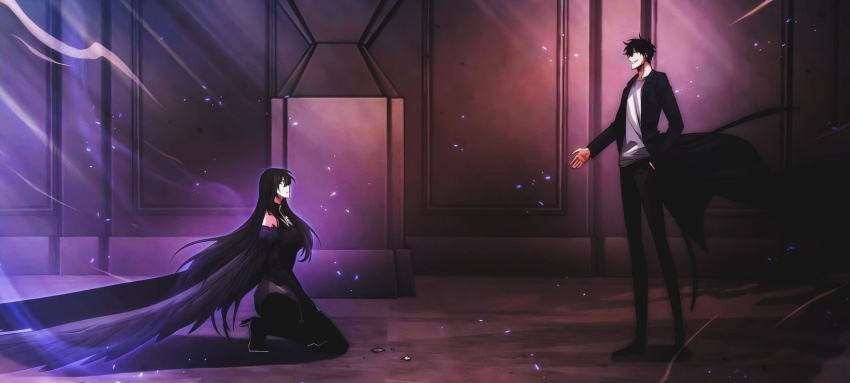 1boy, 1girl, black_dress, black_eyes, black_hair, black_jacket, black_pants, black_sleeves