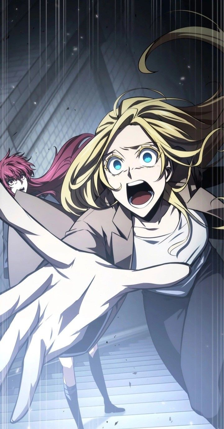 2girls, blonde_hair, blue_eyes, brown_jacket, hand_up, highres, irene_holton, jacket, lee_seol-ah, multiple_girls, open_clothes, open_jacket, open_mouth, red_eyes, red_hair, short_hair, tomb_raider_king, very_short_hair, white_background