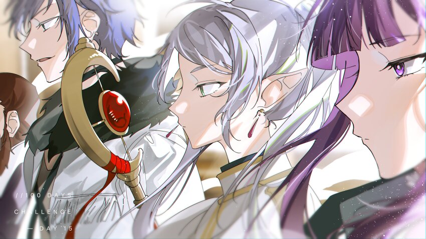 2girls, absurdres, beard, blue_eyes, blue_hair, brown_hair, capelet, chromatic_aberration