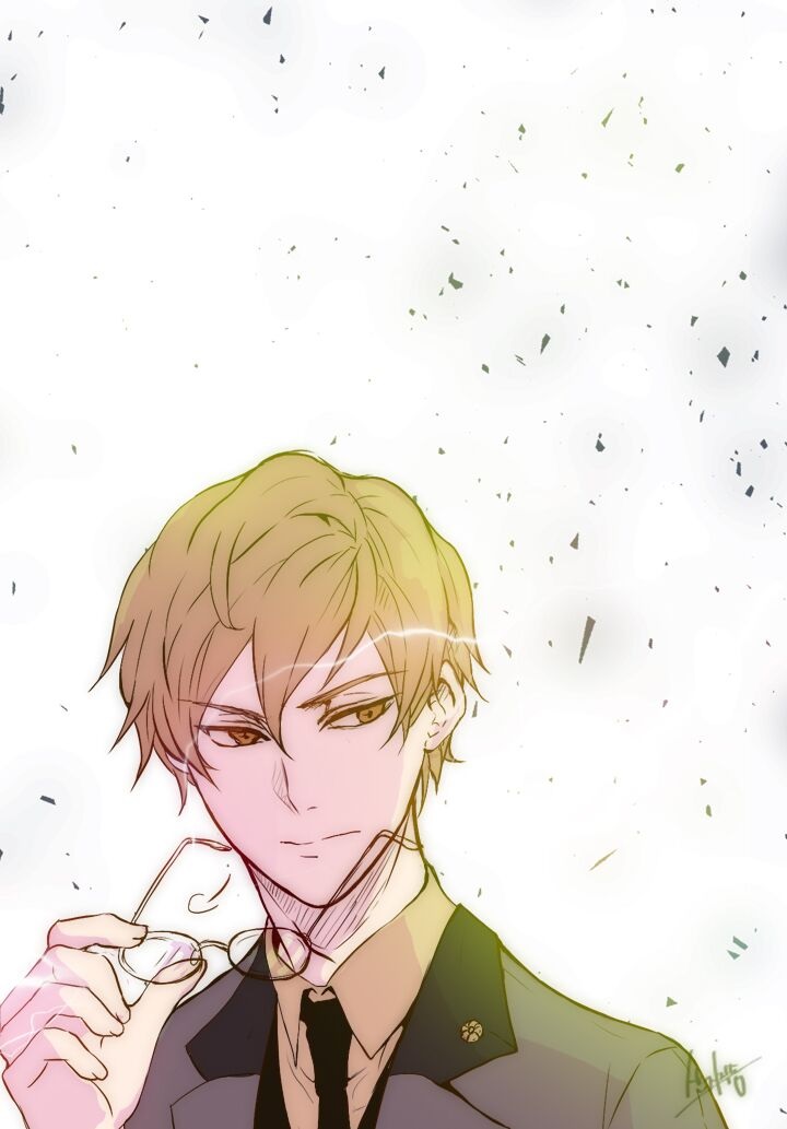 1boy, black_jacket, blonde_hair, brown_eyes, closed_mouth, disgust, glasses, hand_up, jacket, julian_miller, long_hair, shirt, simple_background, solo, tomb_raider_king, white_background, white_shirt