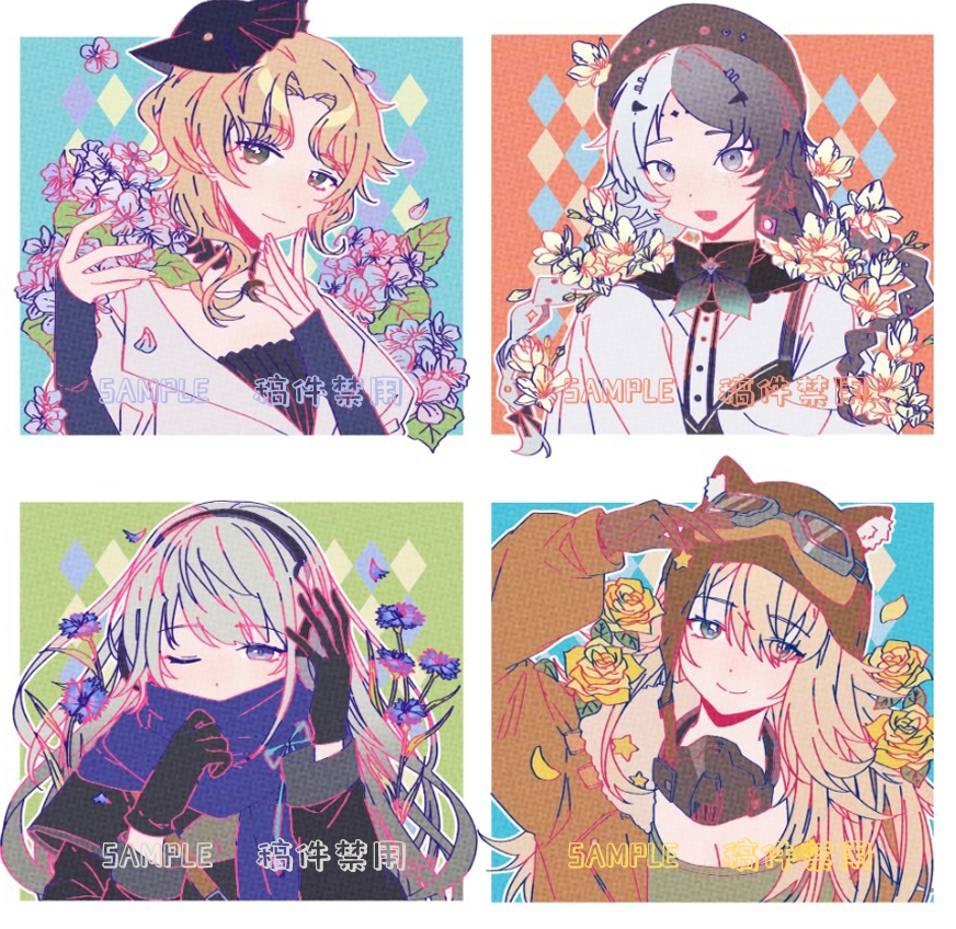 4girls, :d, animal_ear_headwear, animal_ears, aviator_cap, balloon_party, beret, bkornblume