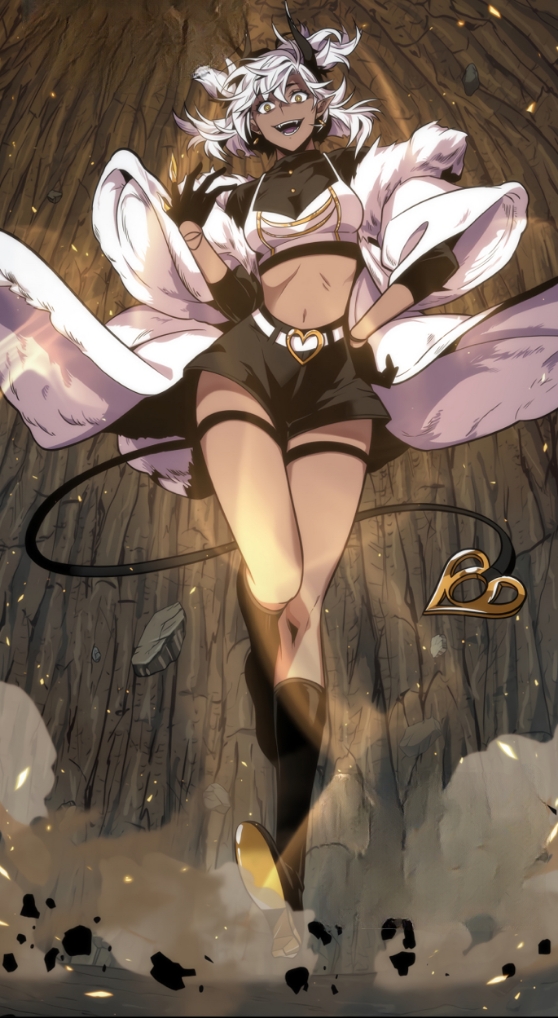 1girl, black_shorts, black_socks, black_top, dark_skin, demon_tail, horn, jacket