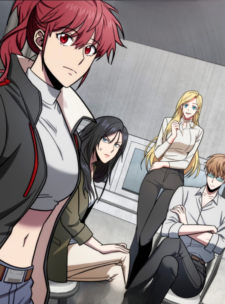 1boy, 3girls, black_pants, blonde_hair, blue_eyes, blue_pants, brown_hair, brown_jacket