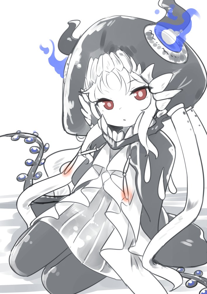1girl, abyssal_ship, black_pantyhose, colored_skin, dress, grey_dress, hat, horns, kantai_collection, looking_at_viewer, nassukun, new_mass-produced_aircraft_carrier_princess, pantyhose, parted_lips, red_eyes, simple_background, sitting, solo, tail, tentacles, white_hair, white_skin