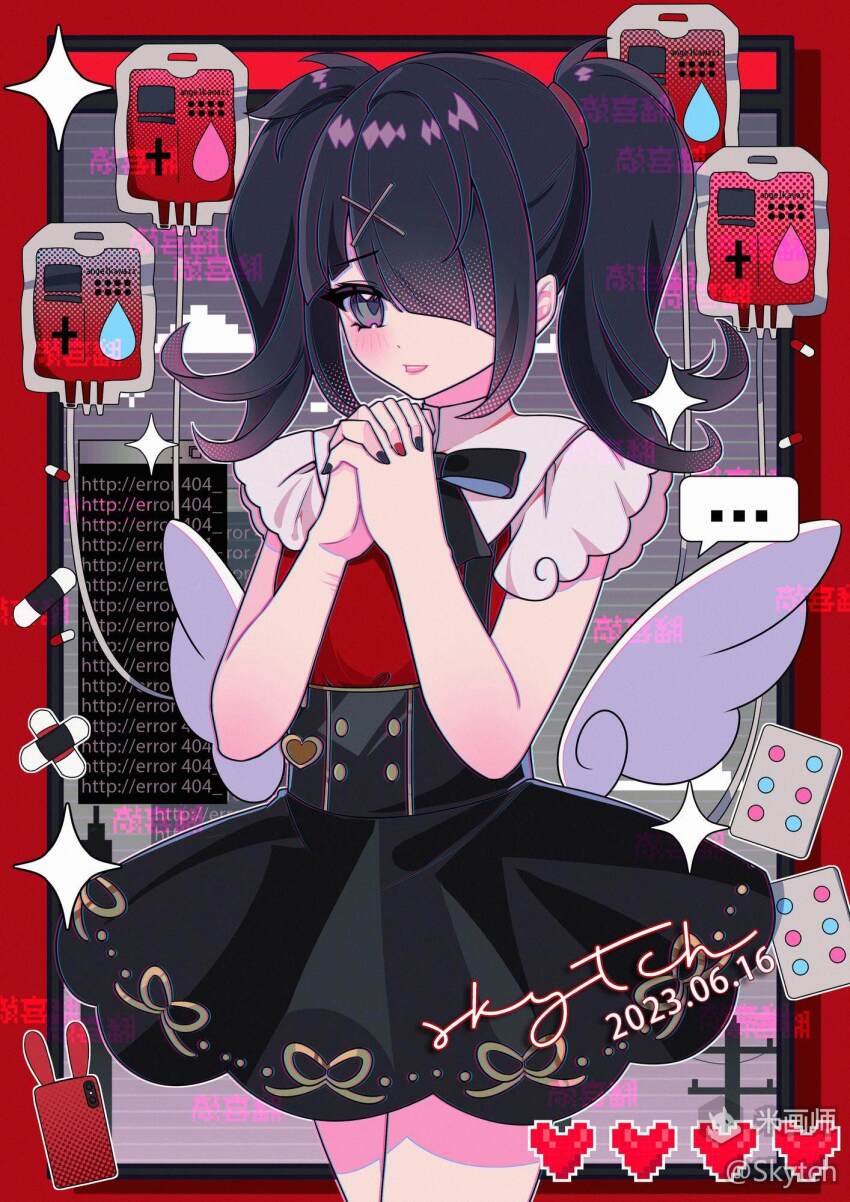 ..., 1girl, 404, ame-chan_(needy_girl_overdose), artist_name, black_hair, black_nails, black_ribbon