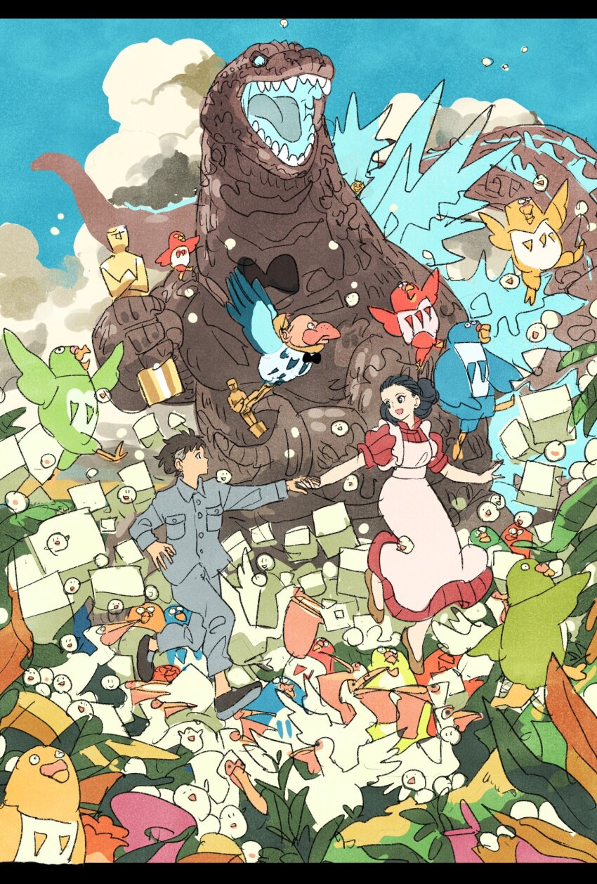 1girl, 2024, 2boys, academy_award_of_merit, the_academy_awards, aosagi_(kimitachi_wa_dou_ikiru_ka), apron, award, bird, black_hair, blue_eyes, bow, bowtie, company_connection, congratulations, crossover, dinosaur, dress, giant, giant_monster, glowing, glowing_eyes, glowing_mouth, glowing_spikes, godzilla, godzilla_(minus_one), godzilla_(series), godzilla_minus_one, grey_pants, grey_shirt, highres, himi_(kimitachi_wa_dou_ikiru_ka), holding_hands, hollywood, kaiju, kimitachi_wa_dou_ikiru_ka, maki_mahito, monster, multiple_boys, pants, red_dress, shirt, short_hair, takeuchi_ryousuke, toho, trait_connection, trophy, white_apron