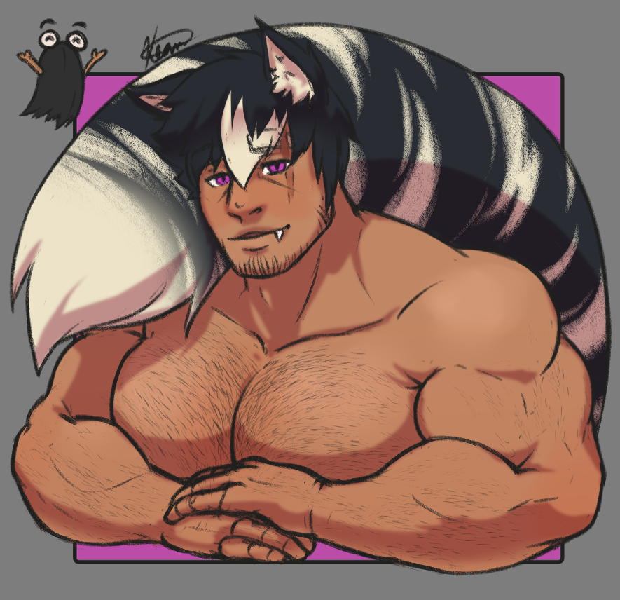 1boy, bara, barawulf_nsfw, blush, borrowed_character, cropped_torso, dark-skinned_male, dark_skin, facial_hair, goatee_stubble, hairy, large_pectorals, large_tail, looking_at_viewer, male_focus, muscular, muscular_male, nude, original, own_hands_together, pectorals, purple_eyes, short_hair, sideburns_stubble, skunk_boy, skunk_ears, skunk_tail, smile, solo, sparse_arm_hair, stubble, tail, tail_raised, thick_chest_hair, thick_eyebrows, two-tone_tail, vlad_(pteroscreams)