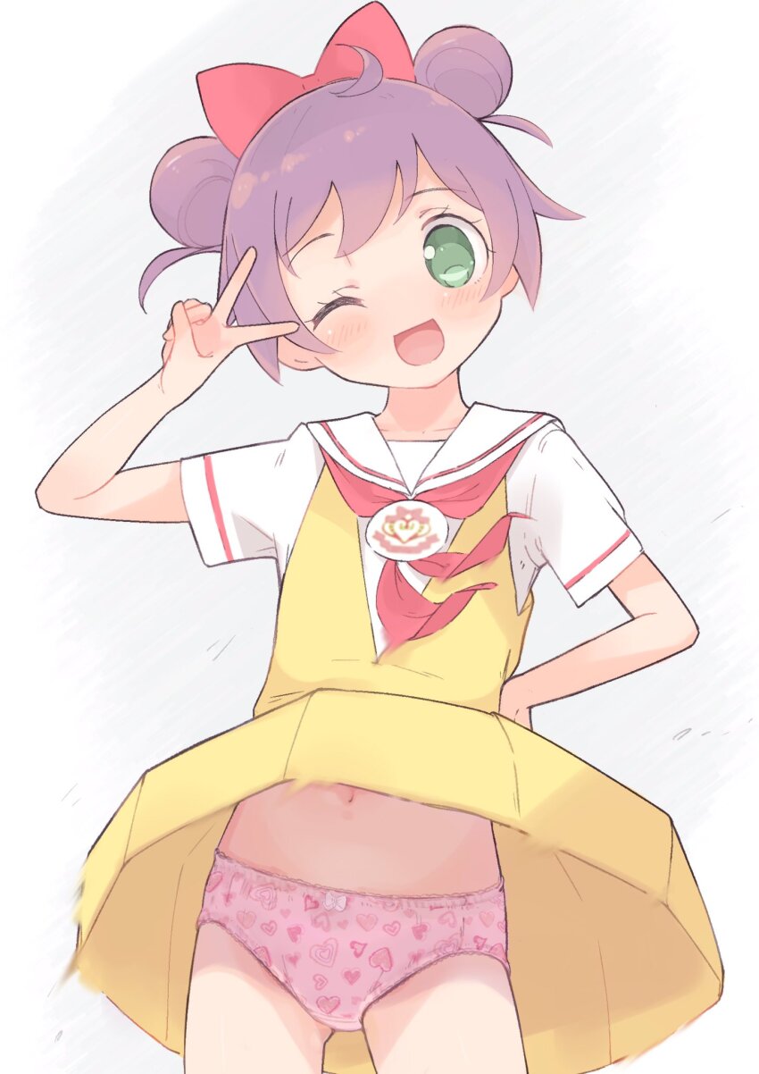 1girl, ;d, ahoge, arm_up, bow, bow_panties, clothes_lift, commentary