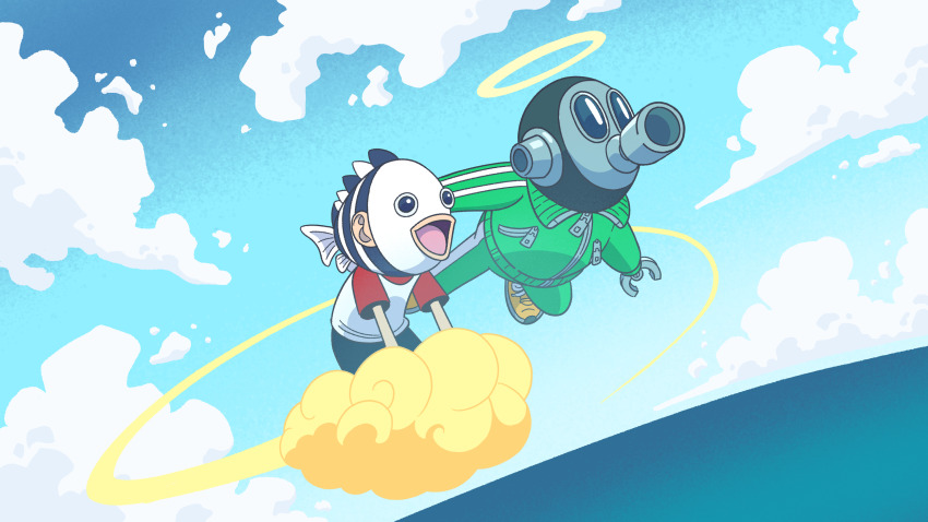 2boys, black_eyes, blue_sky, cloud, commentary, dragon_ball, english_commentary, flying