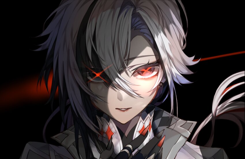 1girl, absurdres, arlecchino_(genshin_impact), black_eyes, black_hair, black_hands, black_skin, close-up