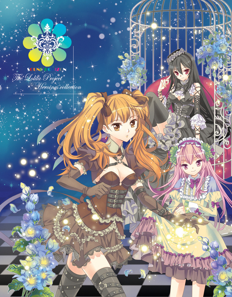 3girls, bad_id, bad_pixiv_id, bow, chronica, chronicle_2nd, dress, elysion, flower, gothic_lolita, hair_bow, lolita_fashion, multiple_girls, ron_(lovechro), sacrifice's_sister_(elysion), sitting, sound_horizon, standing, thanatos-ko, thanatos_(album), thighhighs, twintails