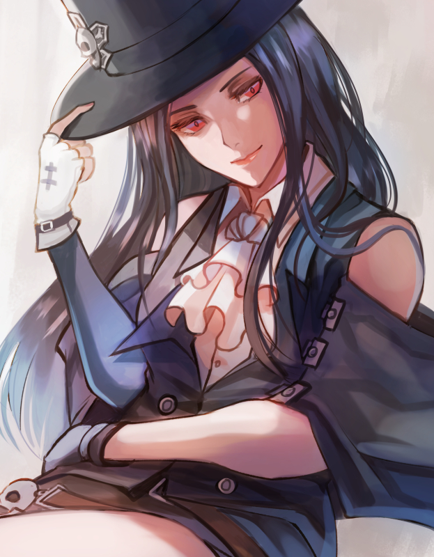 1other, ascot, asymmetrical_gloves, asymmetrical_sleeves, bare_shoulders, black_hair, black_hat, fingerless_gloves