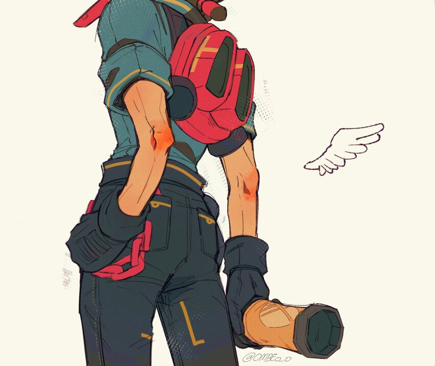 1boy, black_gloves, blue_shirt, bomb_rush_cyberfunk, can, chain, from_below, gloves