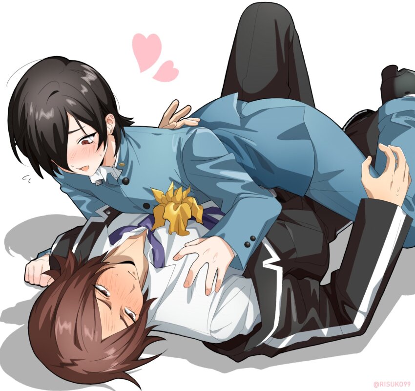 2boys, black_hair, blush, boy_on_top, brown_eyes, brown_hair, buttons, closed_mouth